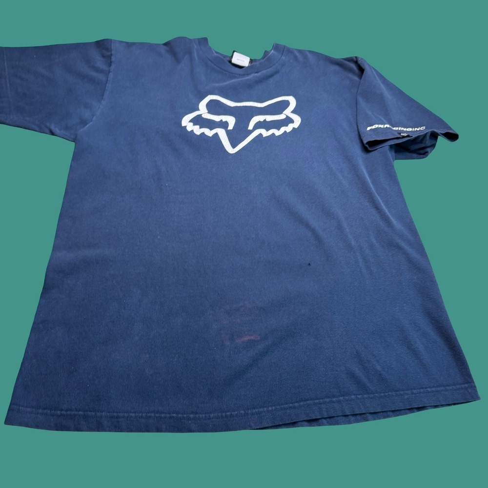 Fox Racing T Shirt M Navy Logo Graphic Motocross MX Motorcycle Y2K Faded